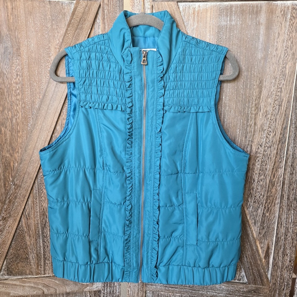 Christopher & Banks Vest Women's Size Large Teal Puffer Jacket Ruffles‎ Full Zip